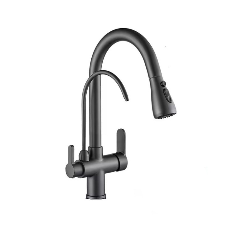 Baterie profesionala premium bucatarie cu 3 cai, dus extractibil, doua tipuri de jet, iesire pentru filtru de apa purificata, alama, gri metalizat