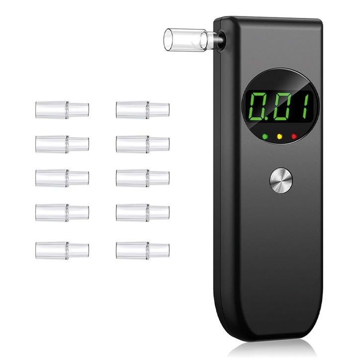 Alcool Tester Gemevo® ALCO PROOF, Etilotest Profesional Digital, Portabil, Functie Memorare, Display LCD, Alarma Sonora si Luminoasa, 10 Mustiucuri Incluse, Geanta Depozitare