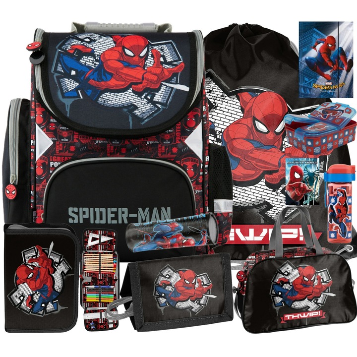 Spider-Man Set ghiozdan pentru copii scoala, penar, sac pentru pantofi, cutie pentru pranz, sticla de apa, geanta sport, portofel, penar tubular, dosar, caiet SPIDERMAN