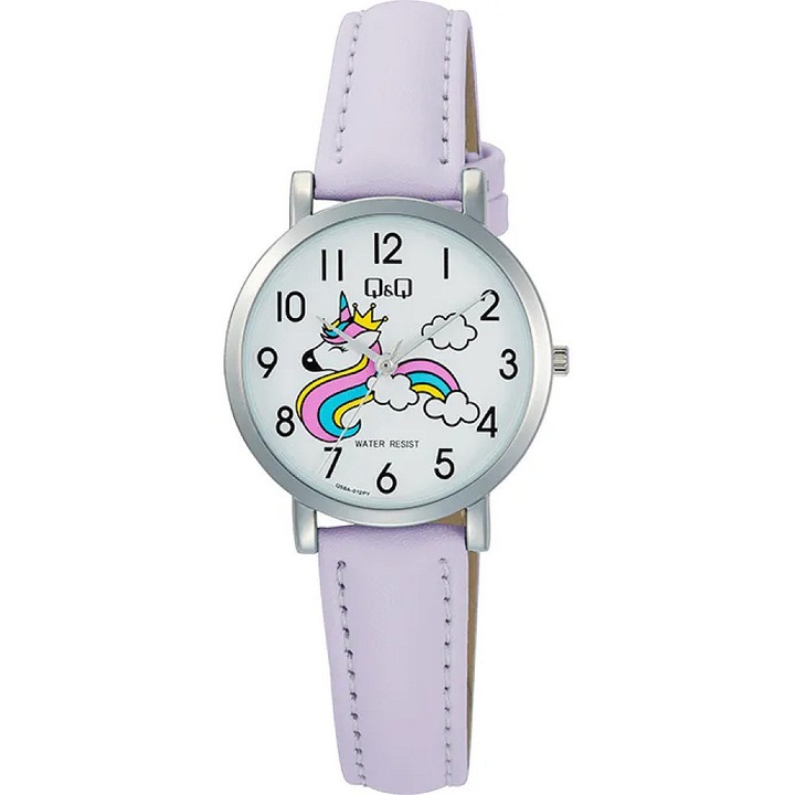 Q&Q gyerek karóra, quartz, ezüst színű fémtok, fehér színű számlap, ciklámen színű műbőrszíj, Q58A-012PY