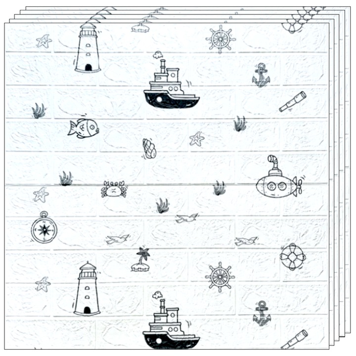 Set 60x Tapet Caramida 3D Teno®, Model Ocean, suprafata acoperire 31.5 mp, autoadeziv, waterproof, usor de montat, design modern, 70x75 cm, alb