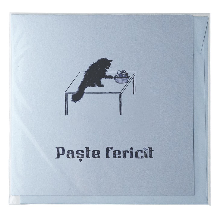Felicitare cu Plic, Paste Fericit, Pisica vs Oua, Carton Metalizat Glitter, 15x15 cm