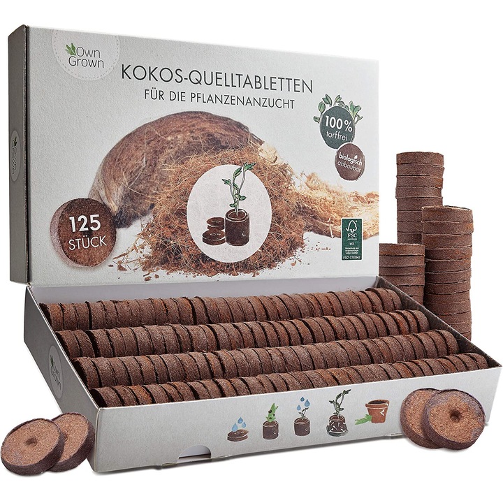 Tablete pentru rasaduri de nuca de cocos, OwnGrown, 125 bucati, substrat nutritiv, 36x38mm