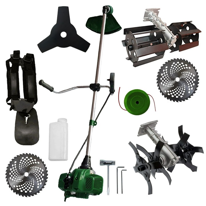 SET Motocositoare Green/Verde-JUNGLE - Model cu Discuri Vidia si Ham Profi pentru Gospodari si Fermieri, + Cultivator-S, + Prasitoare