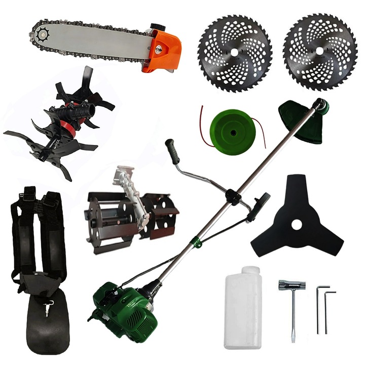 SET Cositoare Green/Verde-JUNGLE - Model cu Discuri Vidia si Ham Profi pentru Gospodari si Fermieri, +Cultivator-E, + Prasitoare, + Cap Drujba