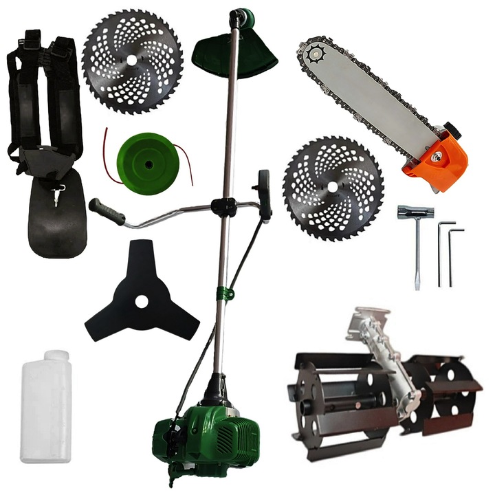 SET Motocoasa Green/Verde-JUNGLE - Model cu Discuri Vidia si Ham Profi pentru Gospodari si Fermieri, + Prasitoare, + Cap Drujba