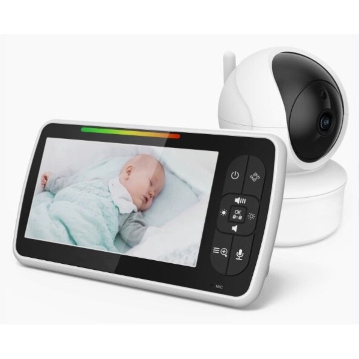 Baby Monitor si Camera Audio-Video Wireless Pentru Supraveghere Bebe, RAMWISH, Ecran 5 Inch LCD, Rotire 355°, Mod Nocturn, Monitorizare Temperatura, Cantece de Leagan
