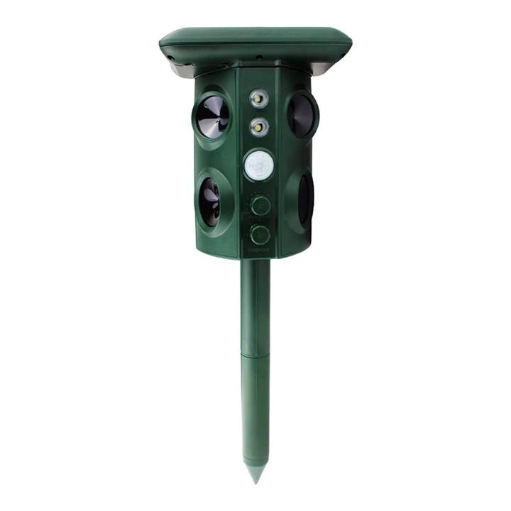 Ултразвуково устройство, соларен светодиод, ОПТИМАЛНО РЕШЕНИЕ, репелент за големи, малки животни, градина, USB, PIR сензор, червена, бяла светлина, против гризачи, мишки, плъхове, против насекоми, против вредители, 13.5KHZ-45.5KHZ, 15.5 x 15.4 x 26cm, XTO