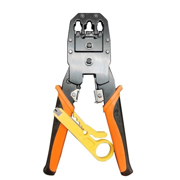 Cleste Profesional SUPER TRENDS® pentru Sertizare Mufe si Conectori, 3-in-1: Sertizare, Taiere, Dezizolare Cabluri F/ BNC/ RJ11/ RJ12/ RJ45/ RJ50, 4P 6P 8P, cu Stripper Mini pentru Cabluri Rotunde, Durabil, Precis, Versatil, Portocaliu/Galben