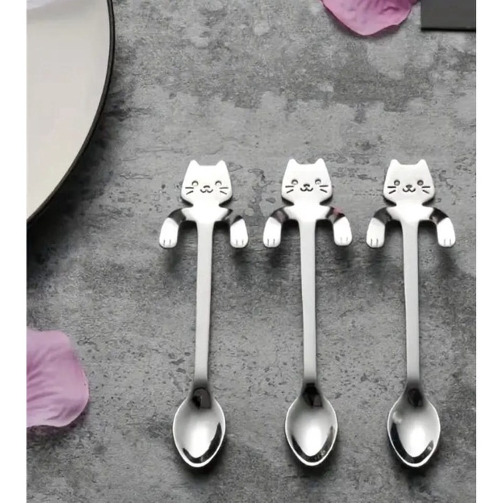 Set 2 Lingurite pentru cafea, inox, mini-lingurita pentru iubitorii de pisici