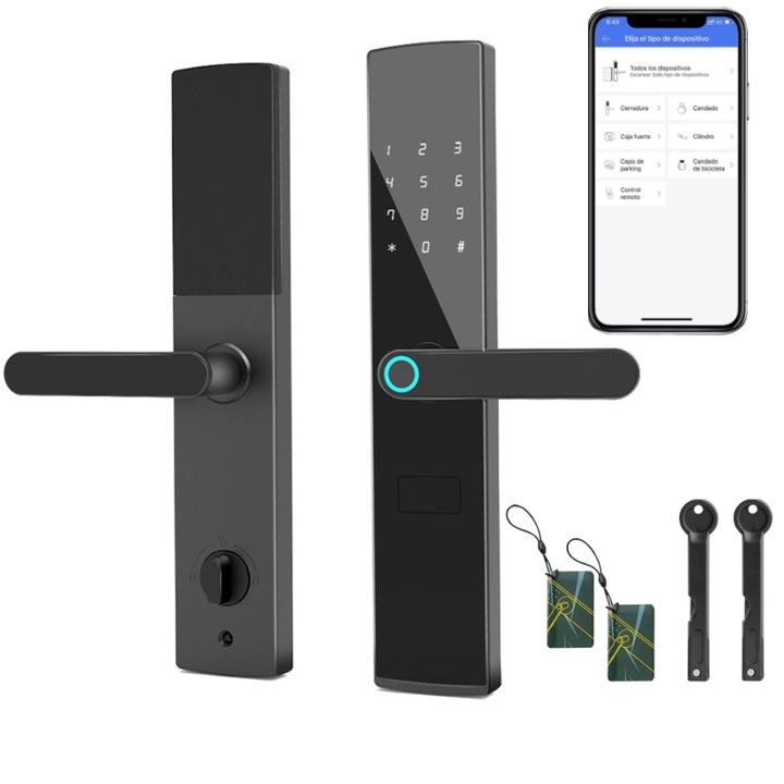 Smart Fingerprint Lock, Yala Wireless Intelligent App, Tuya Smart App 2x Card, Fingerprint, Password, 2x Key, Android и IOS съвместим, за спалня, хотел, склад, офис, черен