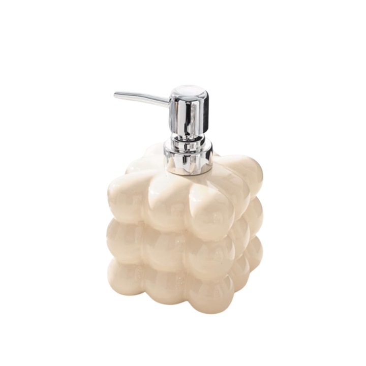 Kerámia folyékony szappanadagoló, modern 3D buborékos kivitel, űrtartalom 450 ml, fényes bézs, 17x9,5x9,5 cm – elegáns és tartós