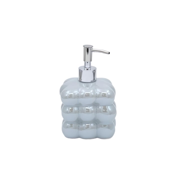 Prémium kerámia folyékony szappanadagoló, 450 ml-es űrtartalom, modern 3D buborék dizájn, 17x9,5x9,5 cm, fényes szürke kék, tartós és elegáns – ideális fürdőszobába vagy konyhába