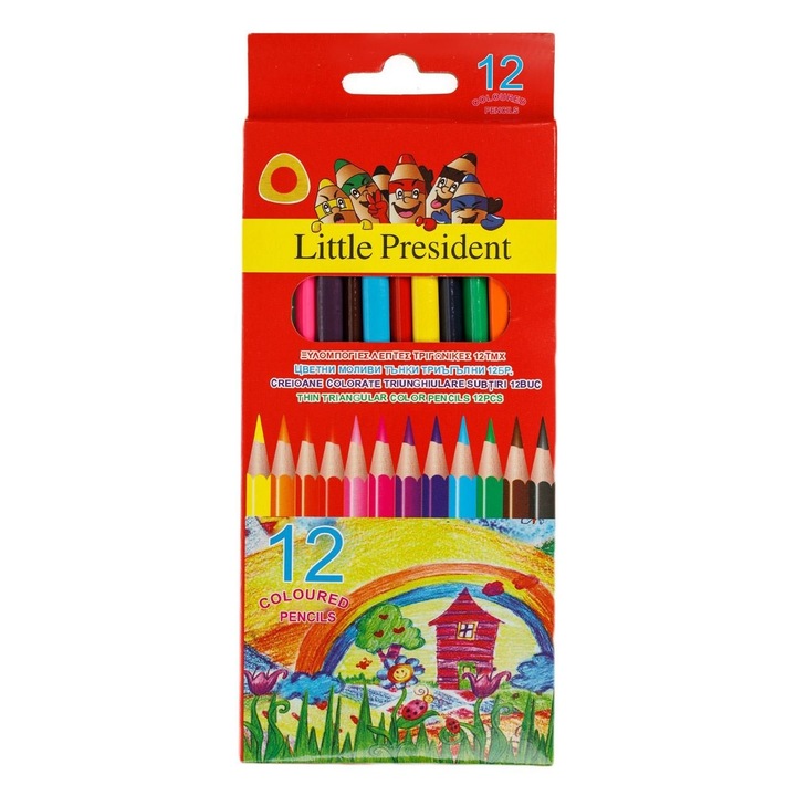 Set Creioane Colorate Triunghiulare Subtiri cu Ascutitoare 12 Bucati pentru Scoala