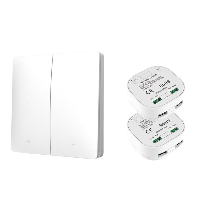 Set Intrerupător Dublu Cinetic Fără Fir cu 2 Controllere Wireless, Aida HER, Alb, 86x86x17mm