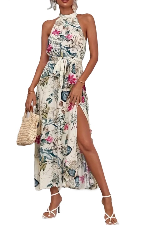 Rochie florala lunga, taietura laterala, prindere dupa gat