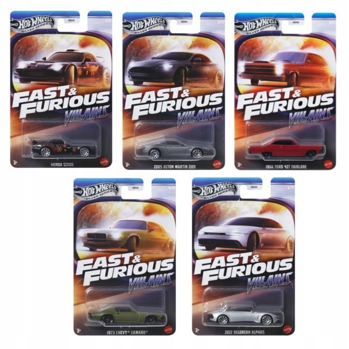 Set de 5 masinute metalice Hot Wheels, Silver Series, Fast & Furious - Villains, nou, 2025, HNR88, 1:64, multicolor