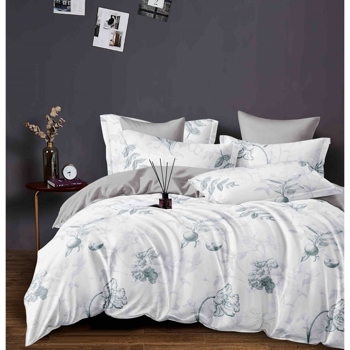 Lenjerie de pat dublu, 2 persoane, Finet, 6 Piese, Cearceaf de pat CU ELASTIC 180 x 200 cm, Cearceaf pilota 200 x 230 cm, 2 fete de perna 70 x 70 cm, 2 fete de perna 50 x 70cm, Multicolori, j4