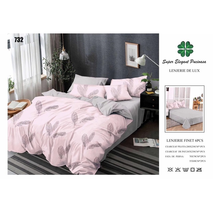 Lenjerii De Pat Din Finet 6 Piese - Gri/Roz Cu Pene
