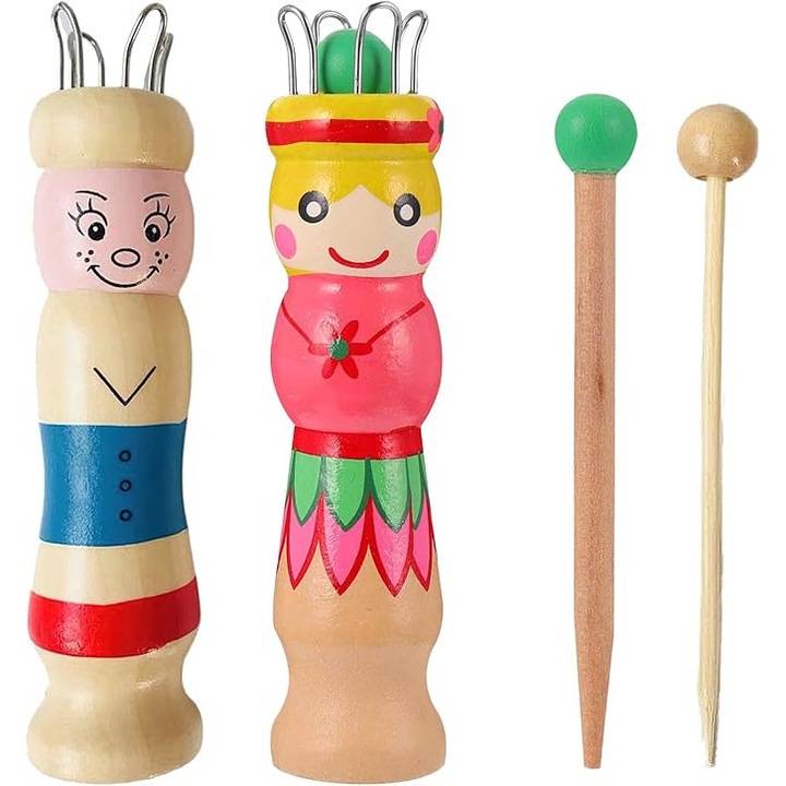 Set de 2 papusi de tricotat pentru copii, ComResi, accesorii din lemn, 15x11.1x3.3cm, culoare lemn