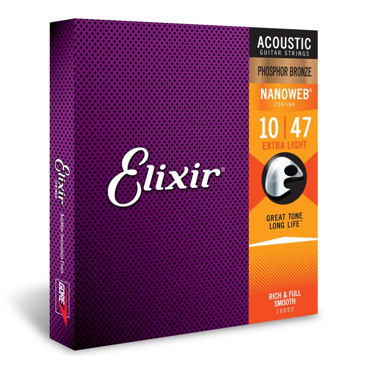 Комплект струни за акустична китара, Elixir Nanoweb, 10-47 Extra Light, средни, 6 струни, фосфорен бронз