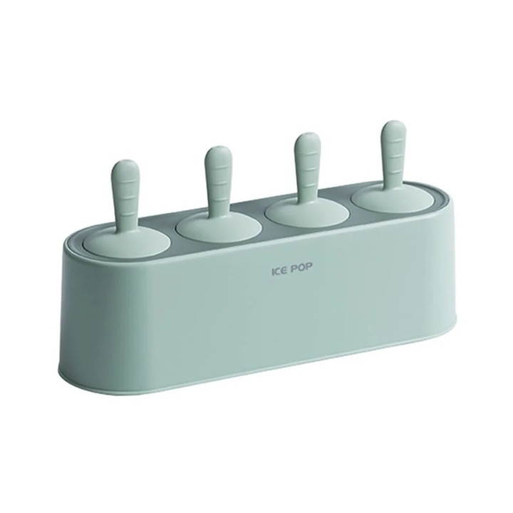 Set suport cu 4 forme pentru facut inghetata ICE POP, silicon+polipropilena, reutilizabil, verde