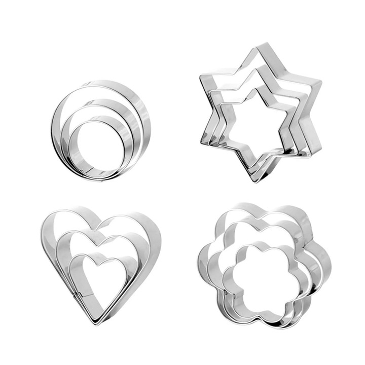 Set 12 forme prajituri din otel inoxidabil, multicolor, pentru taiat biscuiti si sandvisuri