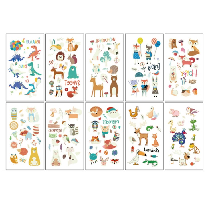 Set 10 Tatuaje Temporare pentru Brate, Dosul Mainii, Picioare, Gat, SINBINTA, Autocolante pentru Tatuaje, Rezistente la apa, Luminos, Non-toxice si sigure, Animal, Pentru copii, barbati si femei, 12x6.8cm, Multicolor
