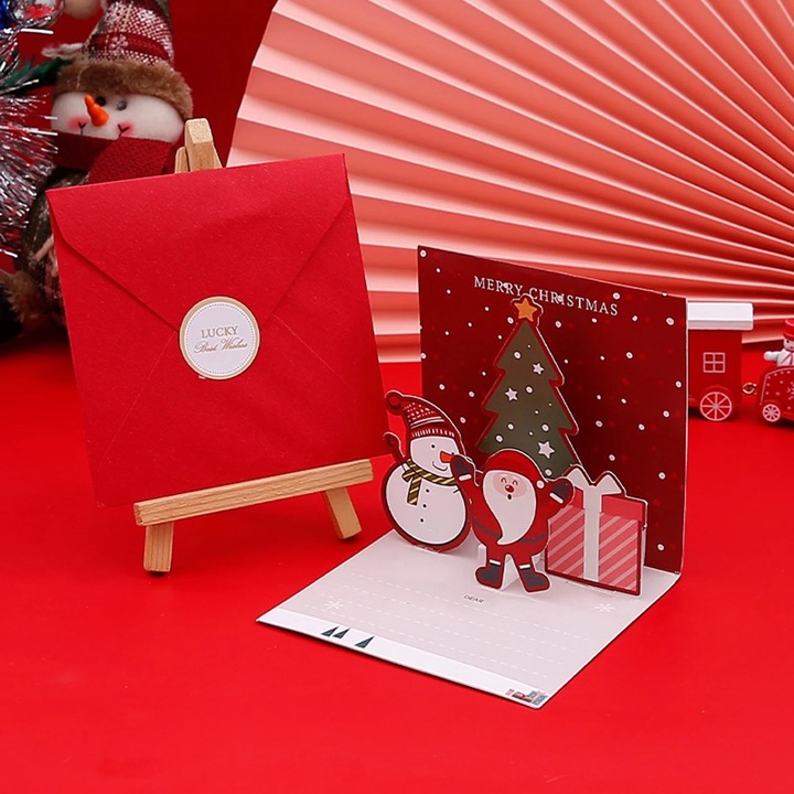Felicitare 3D de Craciun, mesaj creativ, set cu plic si autocolant, multicolor