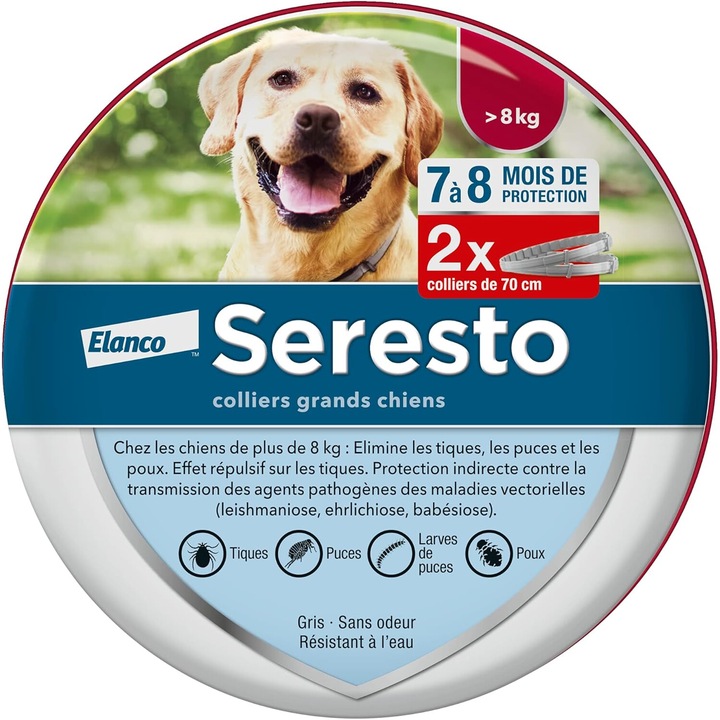 Комплект каишки за кучета против паразити, Seresto BAYER, 2бр., Над 8кг, 70см, СивК