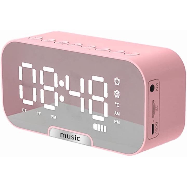 Ceas cu alarma digital wireless Home, Q5, roz, 13,7 x 6,8 x 4 cm, 1400mAh, Bluetooth 5.0