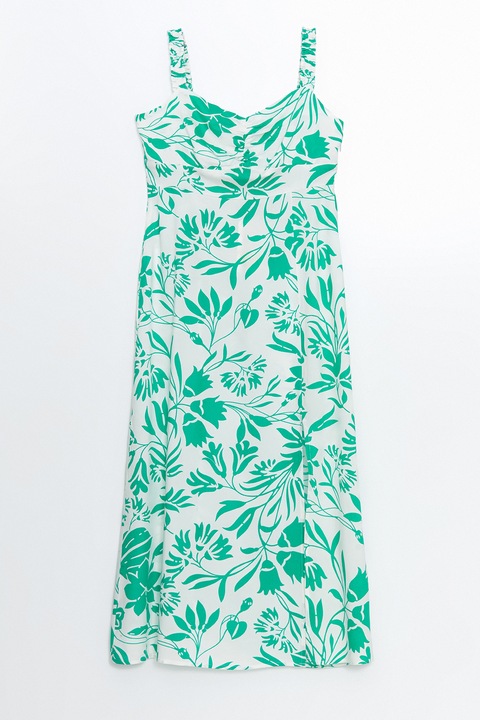 LC WAIKIKI, Rochie lunga cu model floral si slit lateral, Verde marin/Alb murdar
