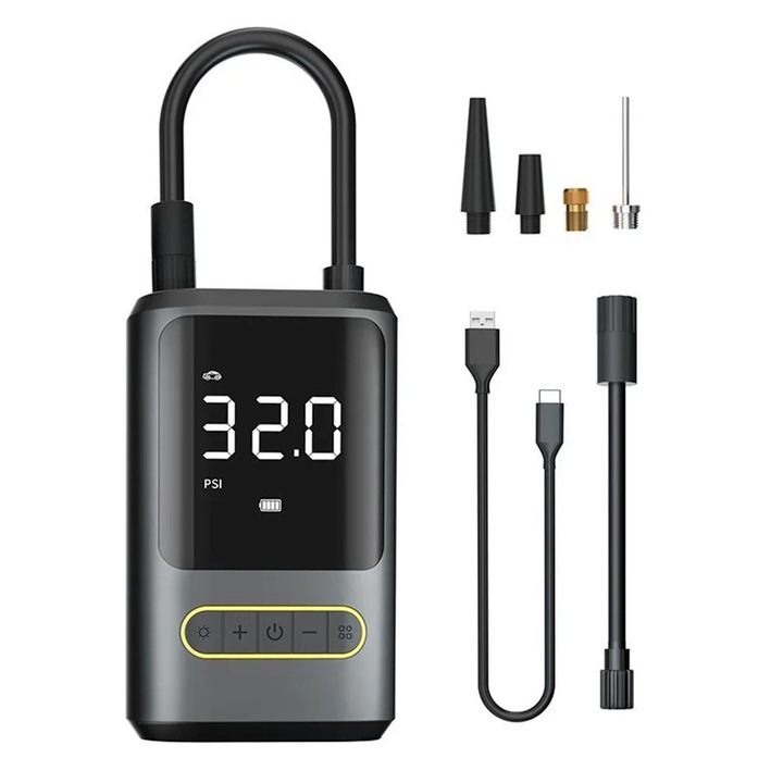 Pompa de umflat electrica, 150PSI, USB Type-C, 4000mAh, neagra, 137x85x48mm, set accesorii