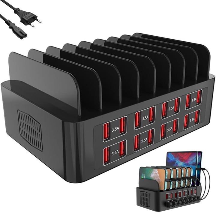 Statie de Incarcare 150 W pentru Mai Multe Dispozitive, Wurdan, Statie de Incarcare pentru Telefon cu 16 Porturi, Protectie si Disipare Eficienta a Caldurii, Incarcare Universala pentru Laptopuri & Telefoane, Negru