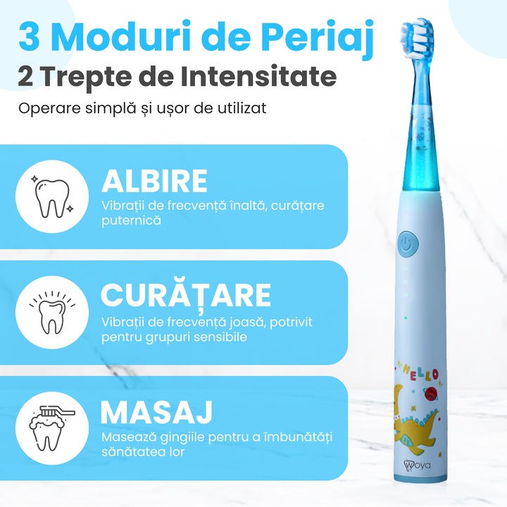 Periuta de Dinti Electrica pentru Copii, Woya® ED716, Ultrasonica, 24000 Vibratii/Minut, 6 Programe, 1 Nivel Intensitate, Timer Inteligent, 2 Capete Interschimbabile, Ingrijire Gingiilor si Albire, Cablu USB, Portabila, Varsta 3+, Culoare Albastru