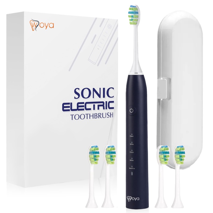 Електрическа Четка За Зъби Woya® Smart Sonic EA311, Ултразвукова 38 000 Вибрации/Минута, 5 Режима, 4 Сменяеми Глави, Вграден Таймер, Калъф За Пътуване, USB Зареждане, IPX7 Водоустойчива, За Почистване, Избелване И Грижа За Венците, Син Цвят