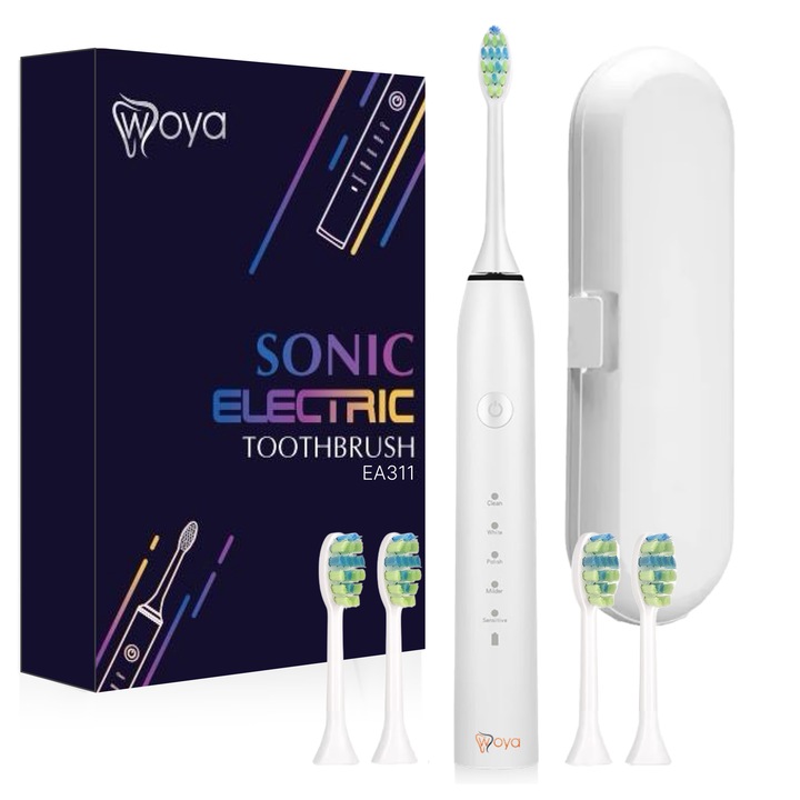 Periuta de Dinti Electrica Woya® Smart Sonic EA311, Ultrasonica 38000 Vibratii/Minut, 5 Programe, 4 Capete, Timer Integrat, Etui Voiaj, Incarcare USB, IPX7 Rezistenta la Apa, Pentru Curatare, Albire si Ingrijirea Gingiilor, Alb