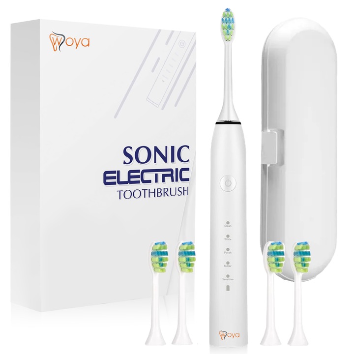 Електрическа Четка За Зъби Woya® Smart Sonic EA311, Ултразвукова 38 000 Вибрации/Минута, 5 Режима, 4 Сменяеми Глави, Вграден Таймер, Калъф За Пътуване, USB Зареждане, IPX7 Водоустойчива, За Почистване, Избелване И Грижа За Венците, Бял Цвят