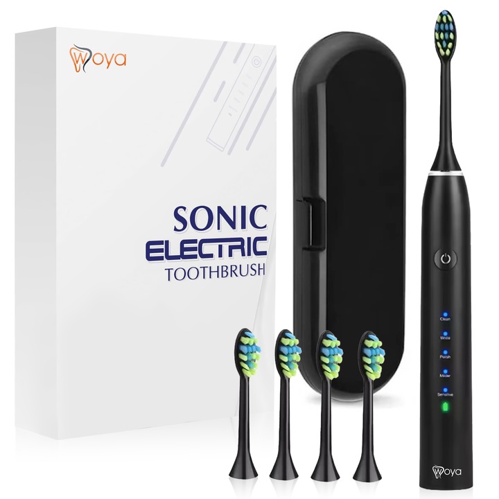 Woya Smart Sonic EA311 Elektromos fogkefe, 5 üzemmód, 4 fej, utazótokkal, IPX7, fekete