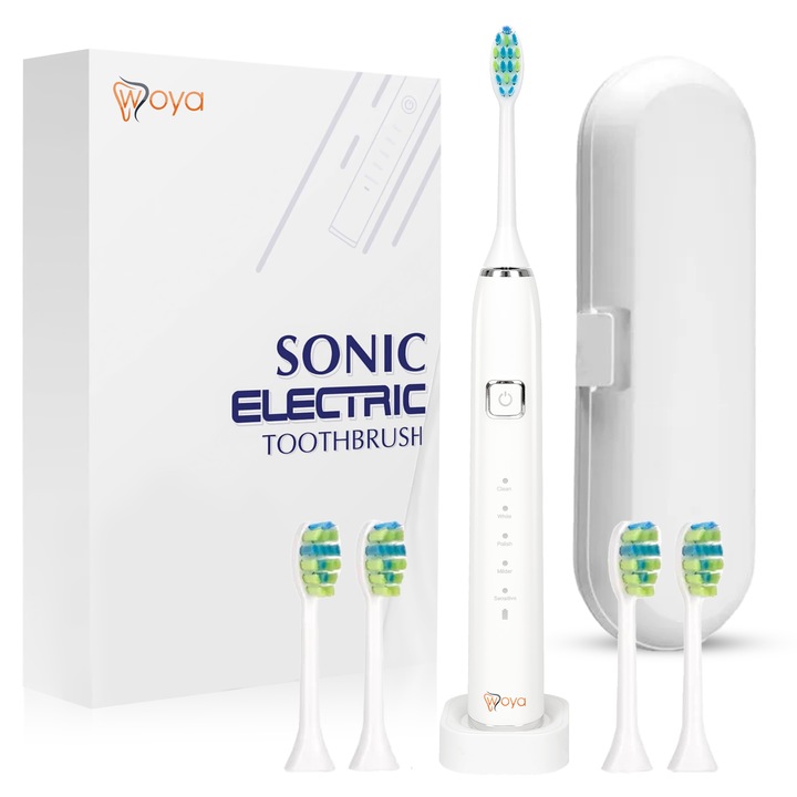 Електрическа Четка За Зъби Woya® Smart Sonic EA312, Ултразвукова 38 000 Вибрации/Минута, 5 Режима, 4 Сменяеми Глави, Вграден Таймер, Калъф За Пътуване, База За Зареждане, USB Зареждане, IPX7 Водоустойчива, За Почистване, Избелване, Бял Цвят