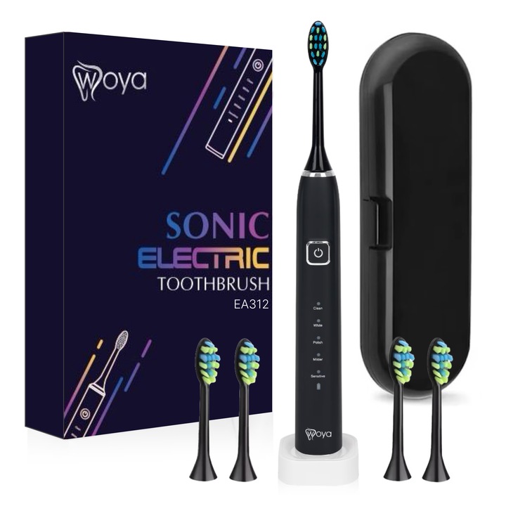 Periuta de Dinti Electrica Woya® Smart Sonic EA312, Ultrasonica 38000 Vibratii/Minut, 5 Programe, 4 Capete, Timer Integrat, Etui Voiaj, Baza de Incarcare, Incarcare USB, IPX7 Rezistenta la Apa, Curatare, Albire si Ingrijirea Gingiilor, Negru