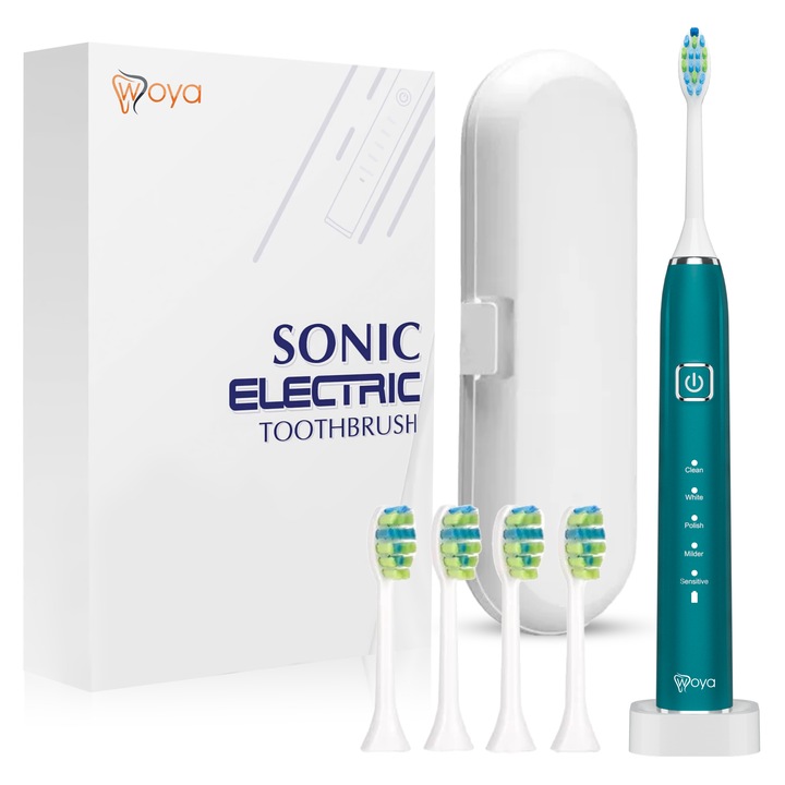 Електрическа Четка За Зъби Woya® Smart Sonic EA312, Ултразвукова 38 000 Вибрации/Минута, 5 Режима, 4 Сменяеми Глави, Вграден Таймер, Калъф За Пътуване, База За Зареждане, USB Зареждане, IPX7 Водоустойчива, За Почистване, Избелване, Тюркоазен Цвят