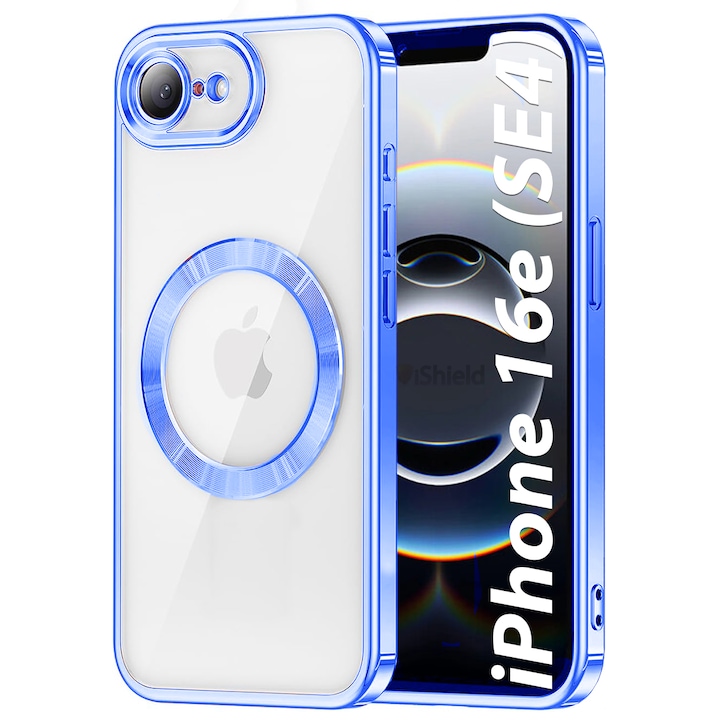 Husa pentru iPhone 16e, SE4 (2025), din silicon, Transparenta cu margini Platinate, Chrome Shinny, incarcare Wireless si tehnologie MagSafe, Magnetica, Clear/Albastra