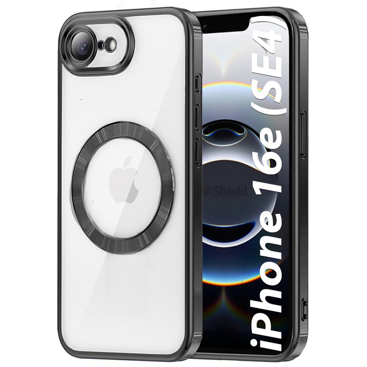 Husa pentru iPhone 16e, SE4 (2025), din silicon, Transparenta cu margini Platinate, Chrome Shinny, incarcare Wireless si tehnologie MagSafe, Magnetica, Clear/Neagra