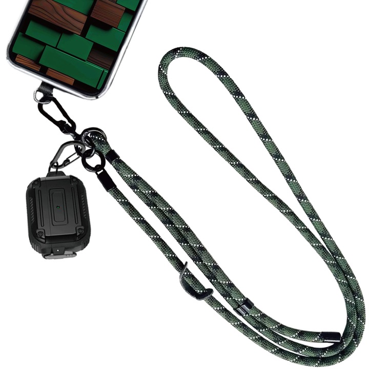 Set Accesorii Premium 2 Produse pentru Telefon & AirPods 4, Snur Lant Reglabil Anti-Intindere + Husa Ultra-Rezistente Anti-Soc, Materiale Flex-Durabile (Poliestru Sport & TPU/PC), Unisex Universale, Sport, Agrement, Drumetii si Calatorii Rezistente, Verde