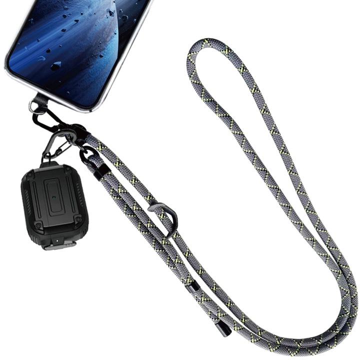 Set Accesorii Premium 2 Produse pentru Telefon & AirPods 4, Snur Lant Reglabil Anti-Intindere + Husa Ultra-Rezistente Anti-Soc, Materiale Flex-Durabile (Poliestru Sport & TPU/PC), Unisex Universale, Sport, Agrement, Drumetii si Calatorii Rezistente, Gri