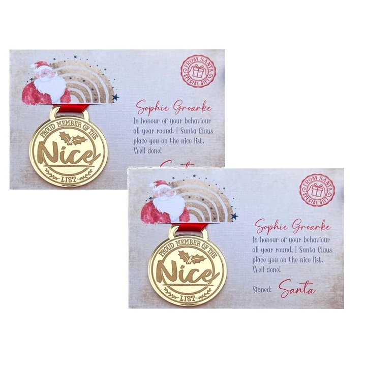Set 2 Felicitari de Craciun cu Insigne Personalizate de la Mos Craciun pentru Copii, Multicolor, Dimensiune Standard