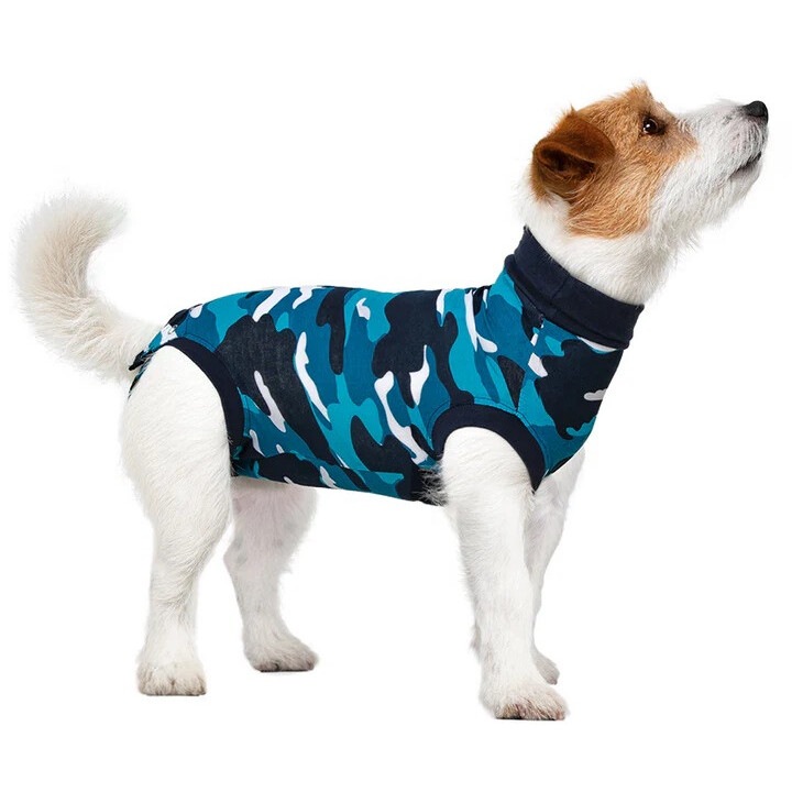 Geaca postoperatorie pentru caini, suitical, albastra, marime S, din bumbac organic si lycra elastica