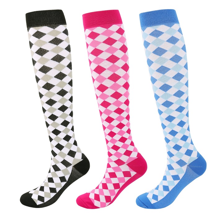 Set ciorapi compresivi, GOGOU®, 3 perechi, stil in carouri, Dimensiunea XL, 20-30 mmHg, respirabil si absorbant, impotriva varicelor si umflaturilor, protejeaza tendonul lui ahile, unisex, Multicolor