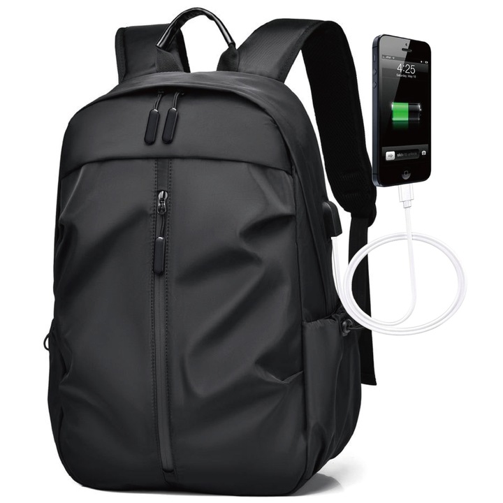 Modern férfi laptop hátizsák, könnyű, vízálló, USB porttal, fiatalos városi dizájn, nagy kapacitású, tartós anyag, modern klasszikus stílus - ideális irodába, sporthoz, utazáshoz, poliészter, fekete